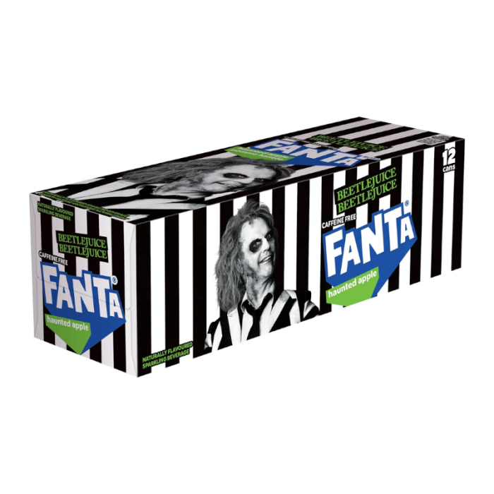 Front of Fanta Haunted Apple x Beetlejuice case showing black and white striped design, Fanta logo, and haunted apple flavour label (case of 12, 355ml cans)
