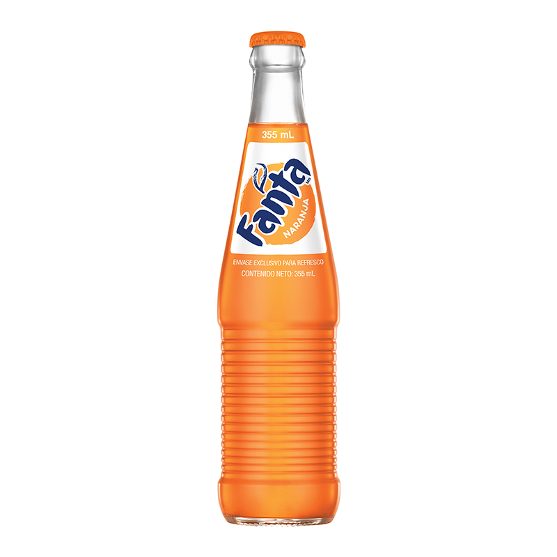 Front of Mexican Fanta Orange Big Bottle (500ml) showing orange label with logo and vibrant orange soda in a transparent bottle.