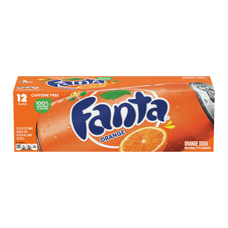 Front of Fanta Orange Case of 12 showing logo, orange soda cans, and pack size (355ml x12)