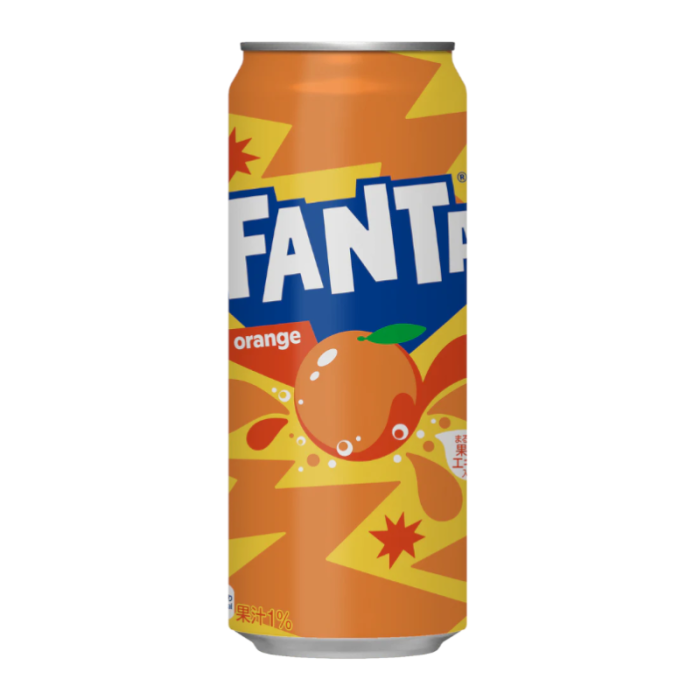 Front of Fanta Orange (Japan) can featuring bright orange design, logo, and orange splash imagery (500ml)