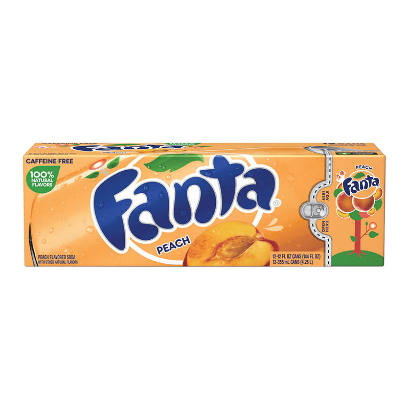 Front of Fanta Peach case showing vibrant orange packaging, peach flavour label, and details indicating a pack of 12 cans (355ml each)