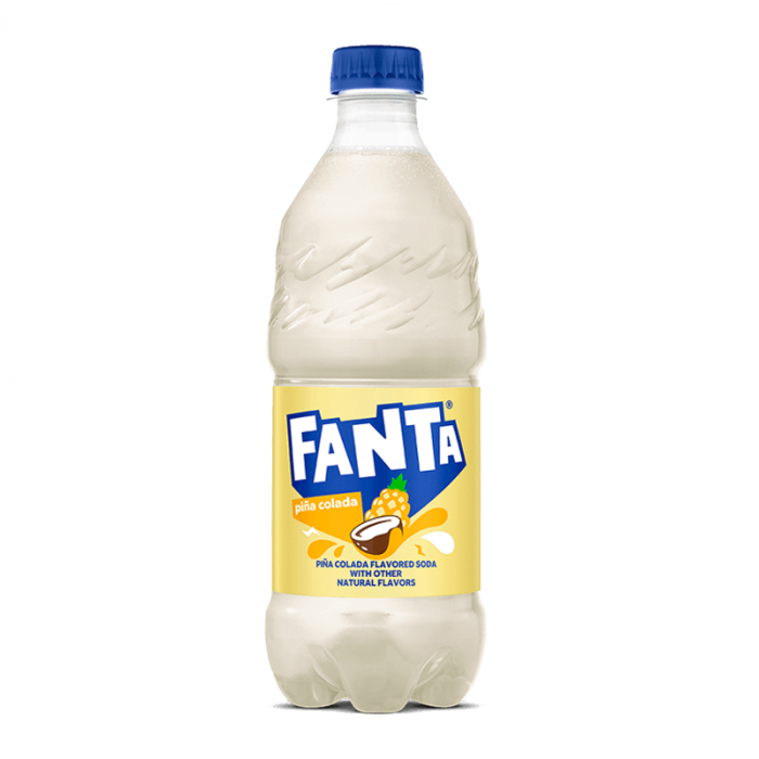 Front of Fanta Piña Colada bottle showing the logo, yellow label, and imagery of tropical fruit (591ml pack)
