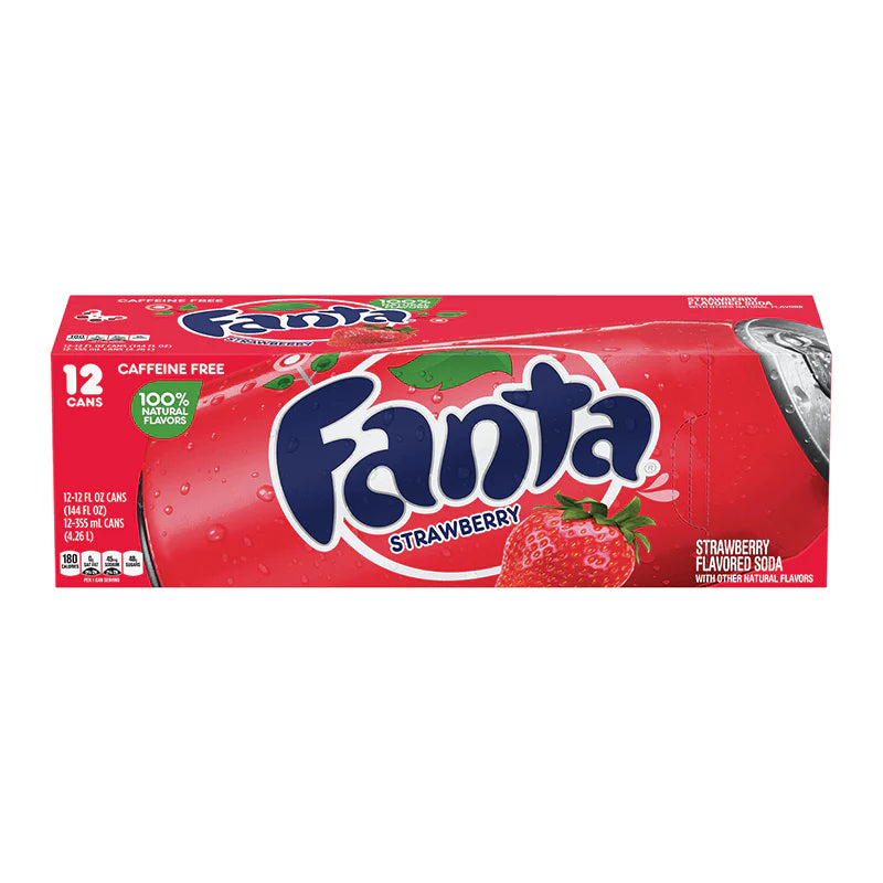 Front of Fanta Strawberry Case of 12 pack showing bright red packaging, strawberry flavour label, and logo (355ml cans)