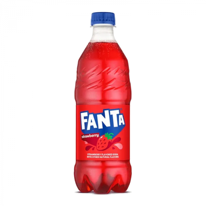 Front of Fanta Strawberry USA bottle showing blue and red logo, strawberry flavour label, and fizzy drink in a 591ml bottle