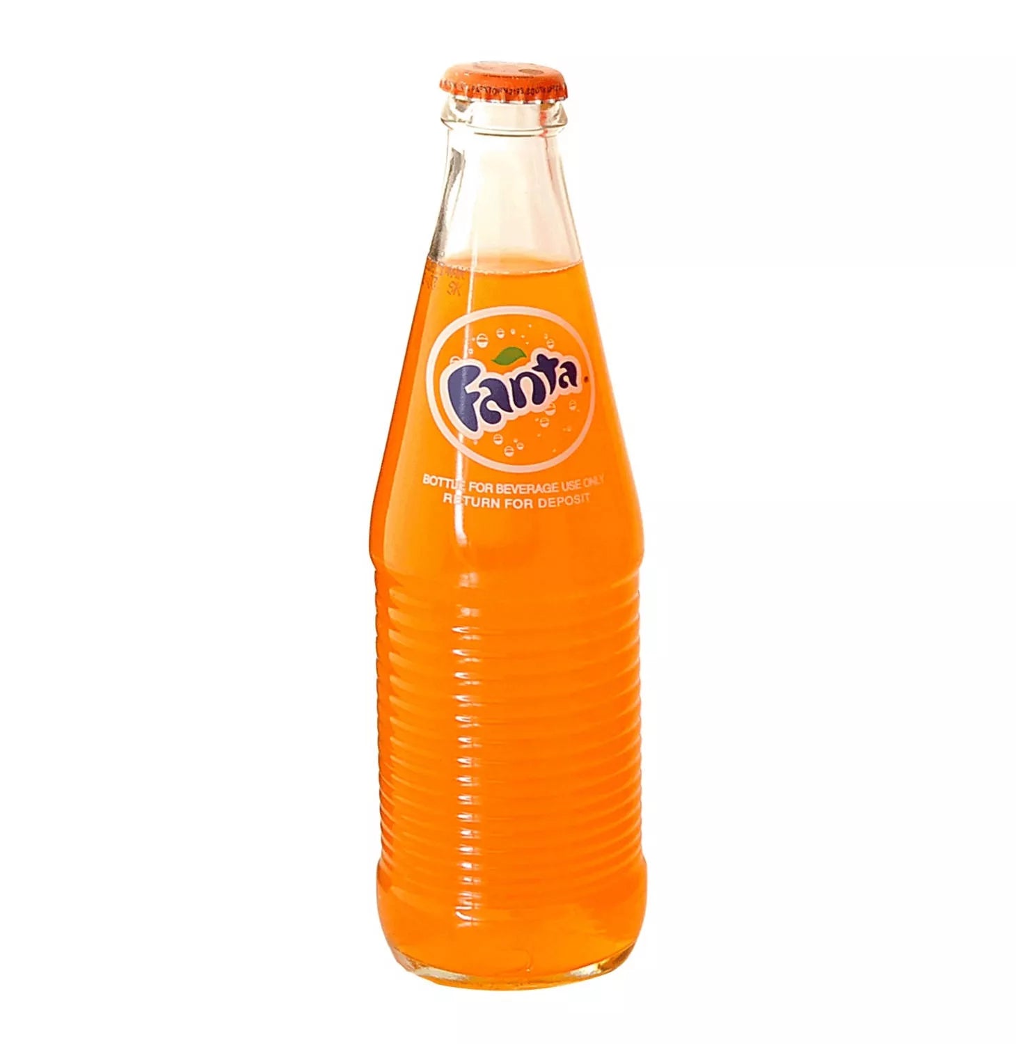 Front of Fanta Orange Glass Bottle showing the vibrant orange liquid, logo, and 300ml volume label.