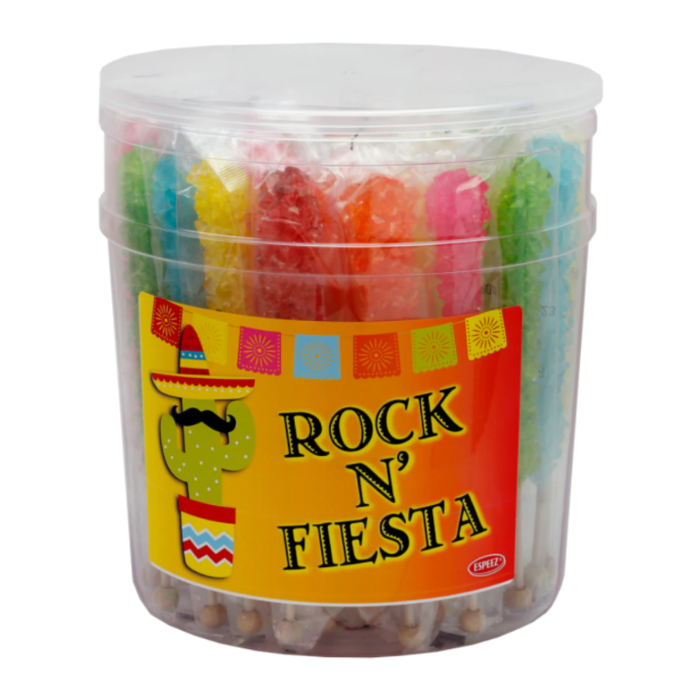 Front of Espeez Rock Candy on a Stick Fiesta tub featuring vibrant colours and logo (23g)