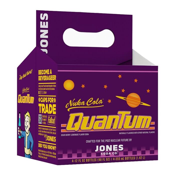 Front of Jones Soda Fallout Nuka Cola Quantum 4 Pack cardboard carrier showing sour berry lemonade flavour label and four 355ml bottles