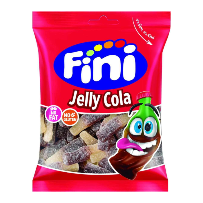 Front of Fini Fizzy Cola Bottles Halal bag showing vibrant red packaging, logo, and jelly cola bottle sweets (75g pack)