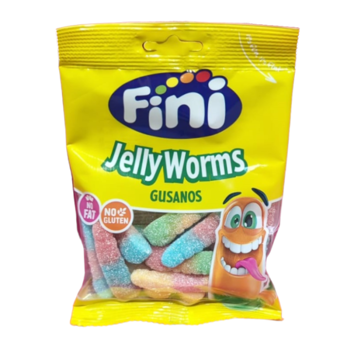 Front of Fini Fizzy Worms bag featuring the logo, colourful gummy worms, and 75g pack size