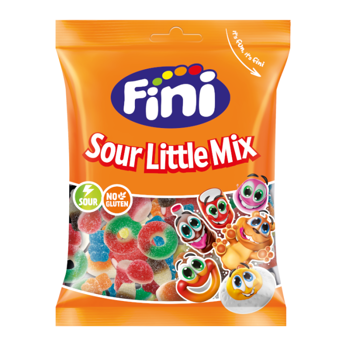 Front of Fini Sour Little Mix bag showing the logo, assorted colourful sour candies, and the 75g pack size