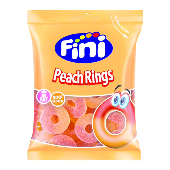 Front of Fini Fizzy Peach Rings Halal bag showing the logo, fizzy peach rings, and pack size (75g)