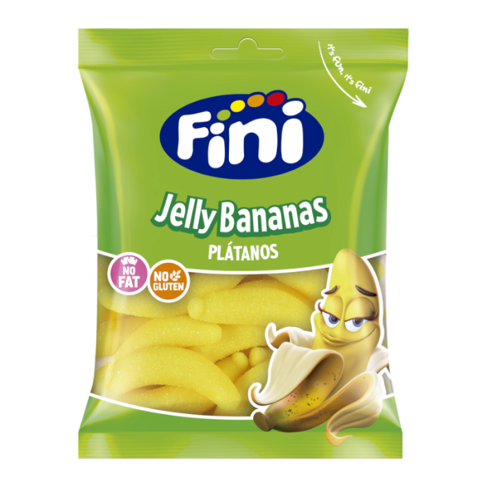 Front of Fini Jelly Bananas (75g) bag showing logo, jelly bananas illustration, and no fat and no gluten claims.