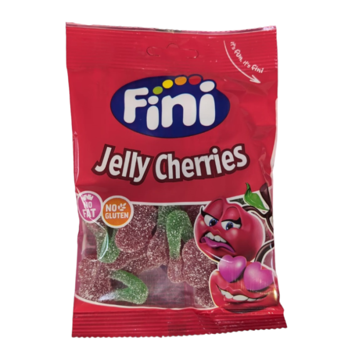 Front of a red bag of Fini Jelly Fizzy Cherries Halal 75g with bold logo and colourful jelly cherry graphics