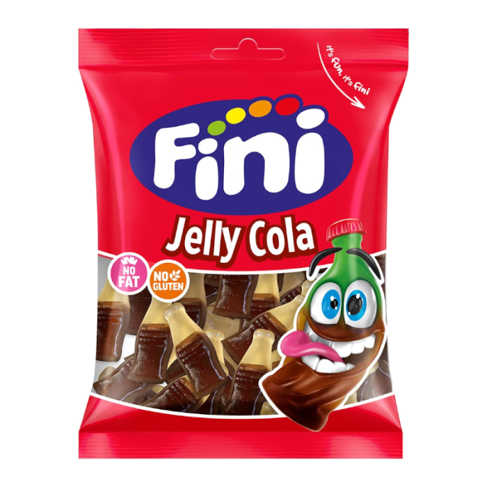 Front of Fini Jelly Cola Peg Bags Halal (75g) showing vibrant red packaging with the Fini logo and images of cola-shaped jelly candies.
