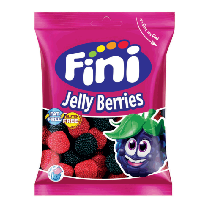 Front of Fini Jelly Berries bag showing vibrant pink packaging, jelly sweets in berry shapes, and featuring the brand logo (75g pack)