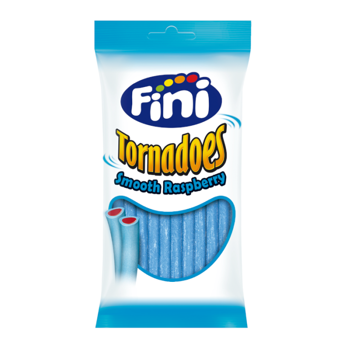 Front of Fini Smooth Pencils Raspberry pack showing blue logo, raspberry flavour, and image of smooth pencil sweets (160g pack)