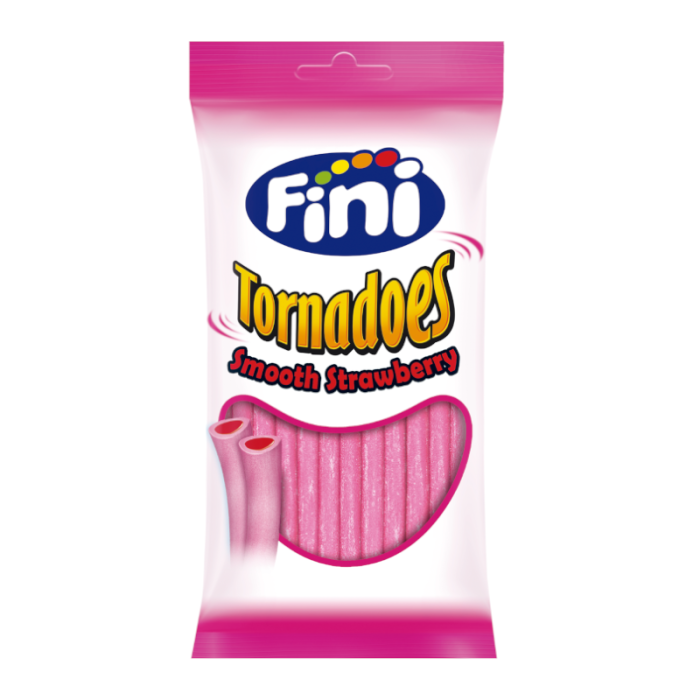 Front of Fini Smooth Pencils Strawberry pack showing logo, strawberry flavour label, and a vibrant display of smooth pencils (160g pack)