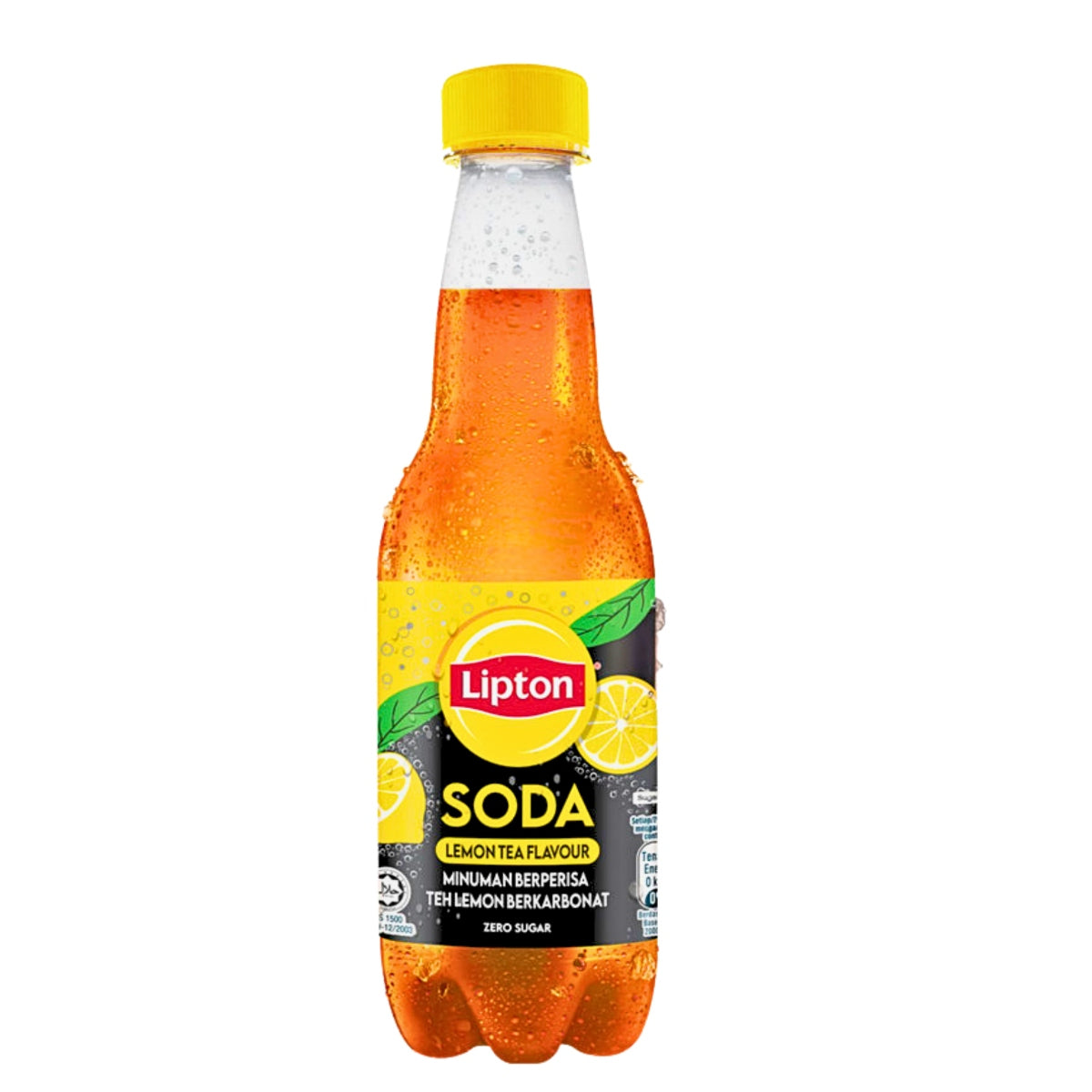 Front of Lipton Soda Lemon Tea Zero Sugar bottle showing the yellow logo, lemon tea flavour, and 400ml size