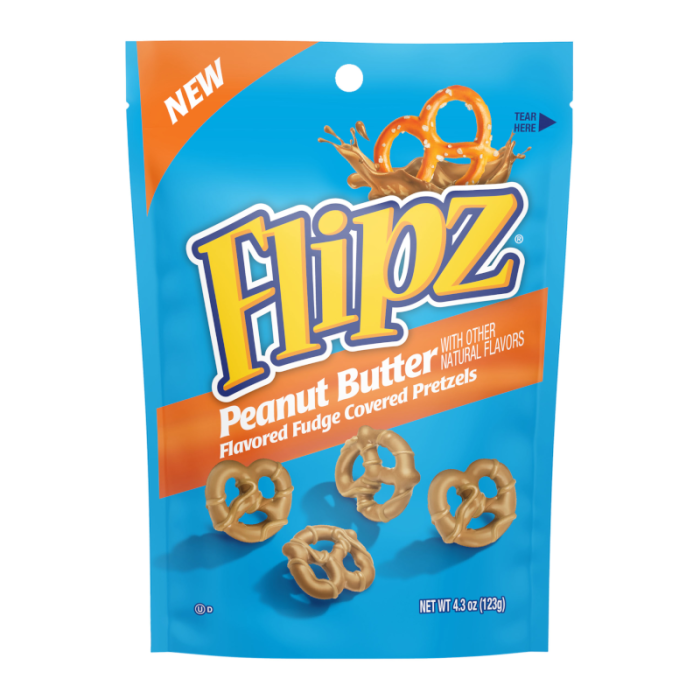 Front of a blue bag of Flipz Peanut Butter Fudge Pretzels (123g) showing the logo and image of pretzels coated in peanut butter fudge.