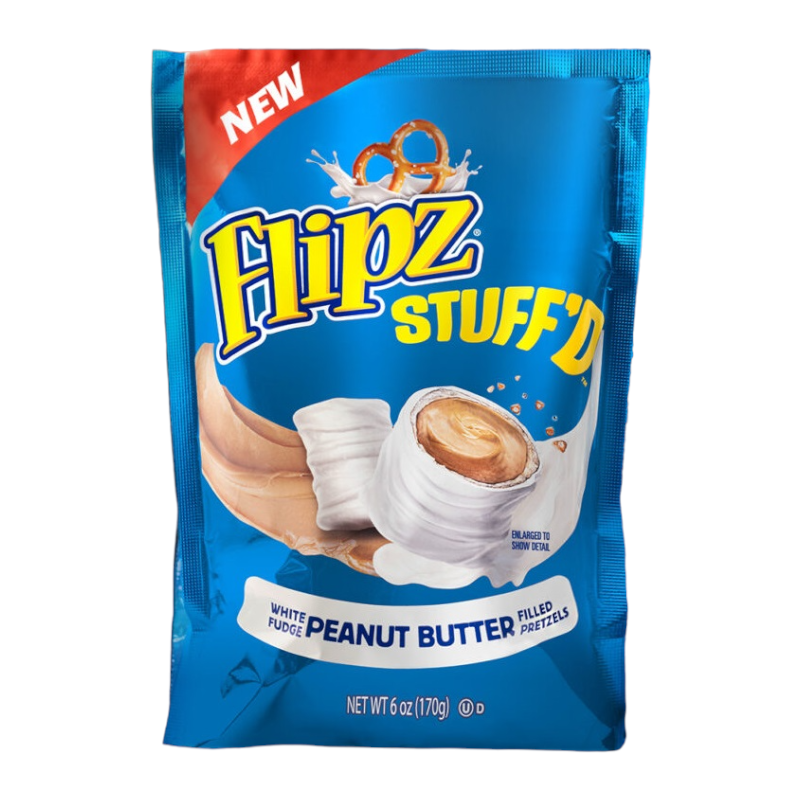 Front of Flipz Stuff'D White Fudge Peanut Butter Pretzels bag showing the brand logo, white fudge and peanut butter details, and 170g pack size.