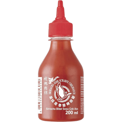 Front of Flying Goose Sriracha Chilli Sauce Super Hot bottle showing red cap, logo, and product details (200ml pack)