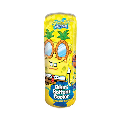 Front of Spongebob Squarepants Bikini Bottom Cooler Drink can showing a cheerful Spongebob character, vibrant yellow design, and pineapple flavour label (355ml).