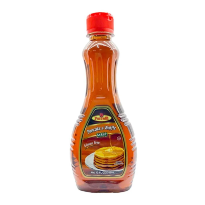 Front of Forrelli Pancake & Waffle Syrup bottle showing gluten-free label, brand name, and an image of pancakes drizzled with syrup (355ml pack)
