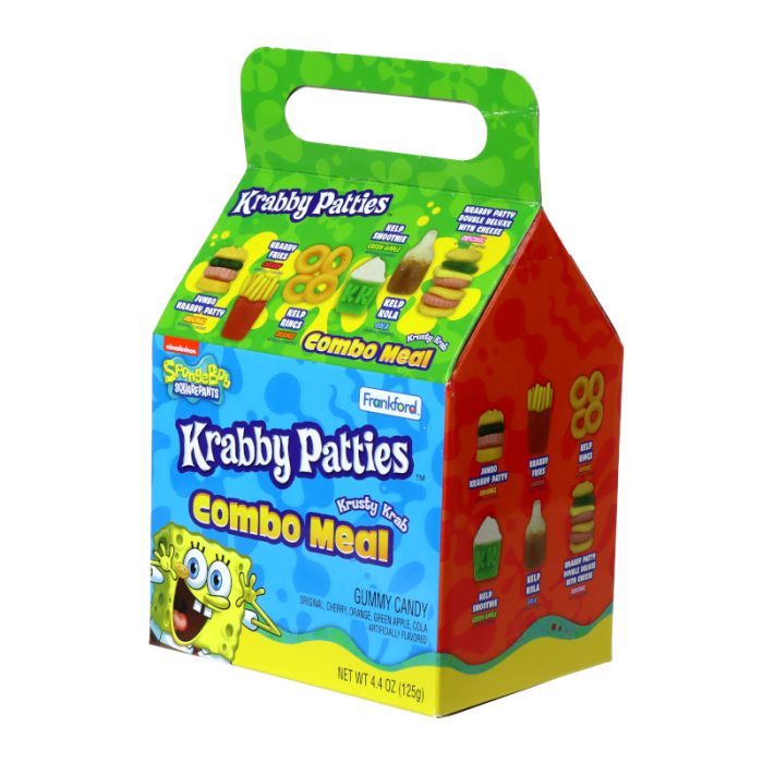 Front of Spongebob Squarepants Krabby Patties Take Out Box showing colourful package design, assorted gummy candy visuals, and 125g weight.