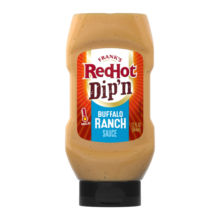 Front of Frank's Red Hot Dip'n Buffalo & Ranch Sauce bottle featuring the brand logo, buffalo ranch flavour, and 340g pack size