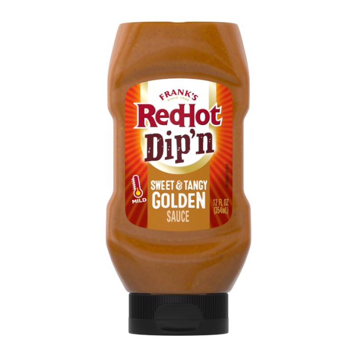 Front of Frank's Red Hot Dip'n Sweet & Tangy Golden Sauce bottle showing logo and details, with 340g pack size.