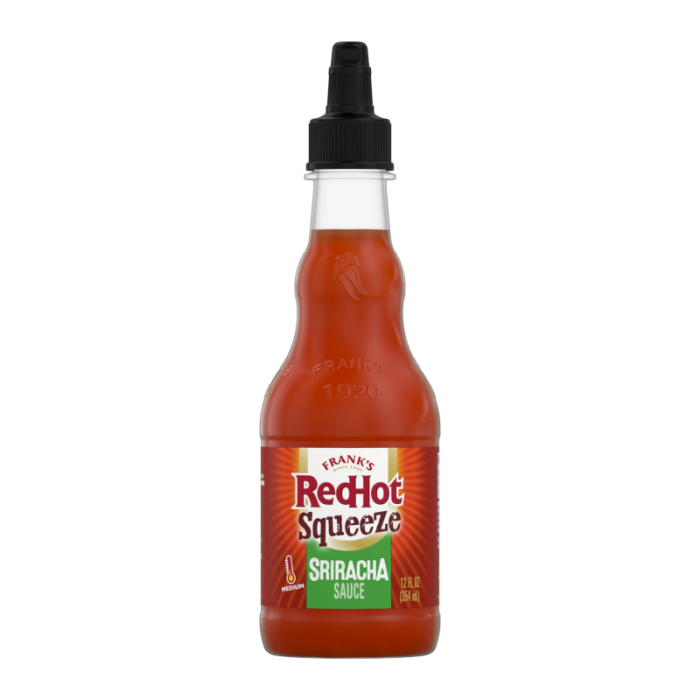 Front of Frank's Red Hot Squeeze Sriracha Sauce bottle showing logo, sriracha flavour label, and squeeze bottle design (354ml pack)