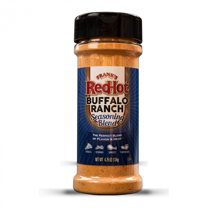 Front of Frank's Red Hot Buffalo Ranch Seasoning bottle showing logo, seasoning blend label, and 134g pack size.