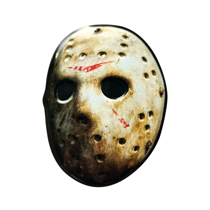 Front of Friday The 13th Jason Mask Cherry Sours Tin showing an iconic Jason mask design with text and cherry graphics (34g tin)