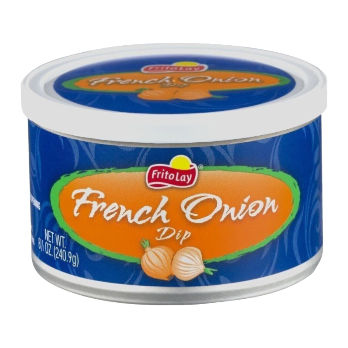 Front of Frito Lay French Onion Dip tub showing the blue label with the product name and illustrations of onions (240.9g pack)