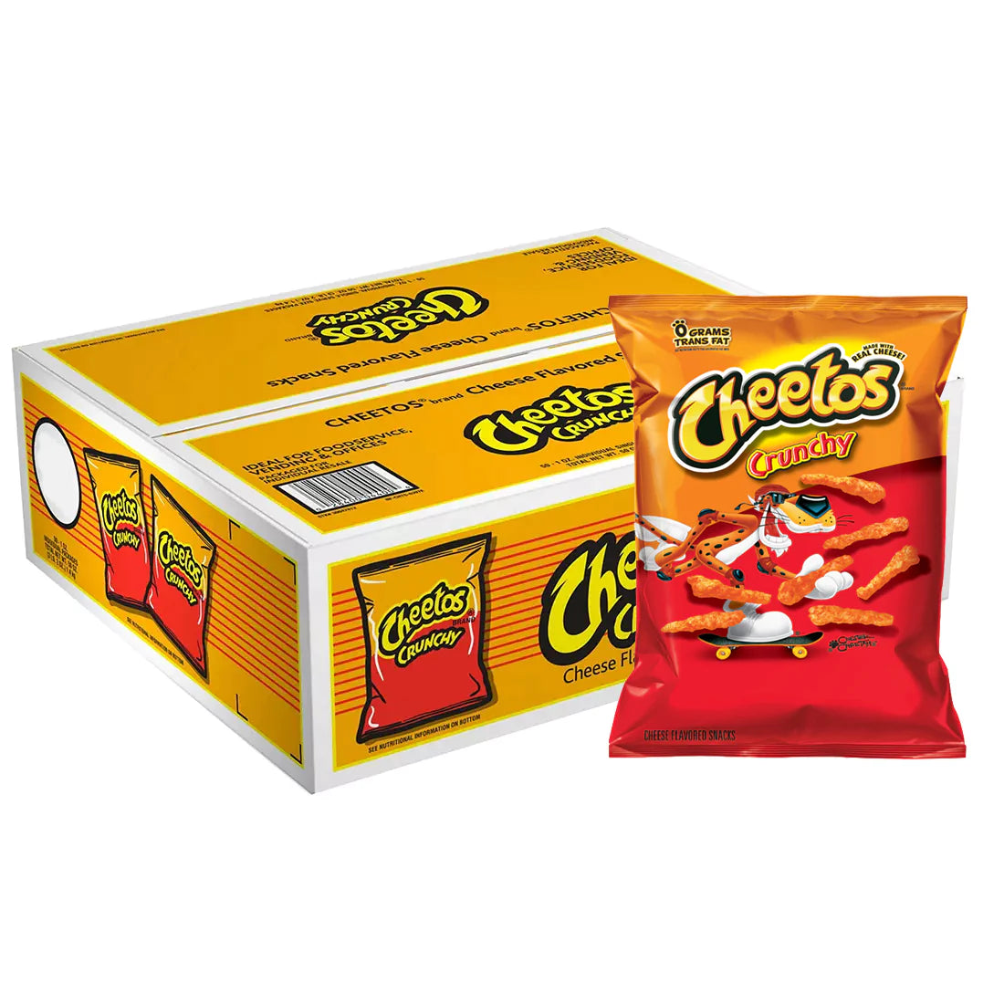 Front of Cheetos Crunchy Original Box showing logo, red snack bags, and packaging details for 44 bags (35.4g each)