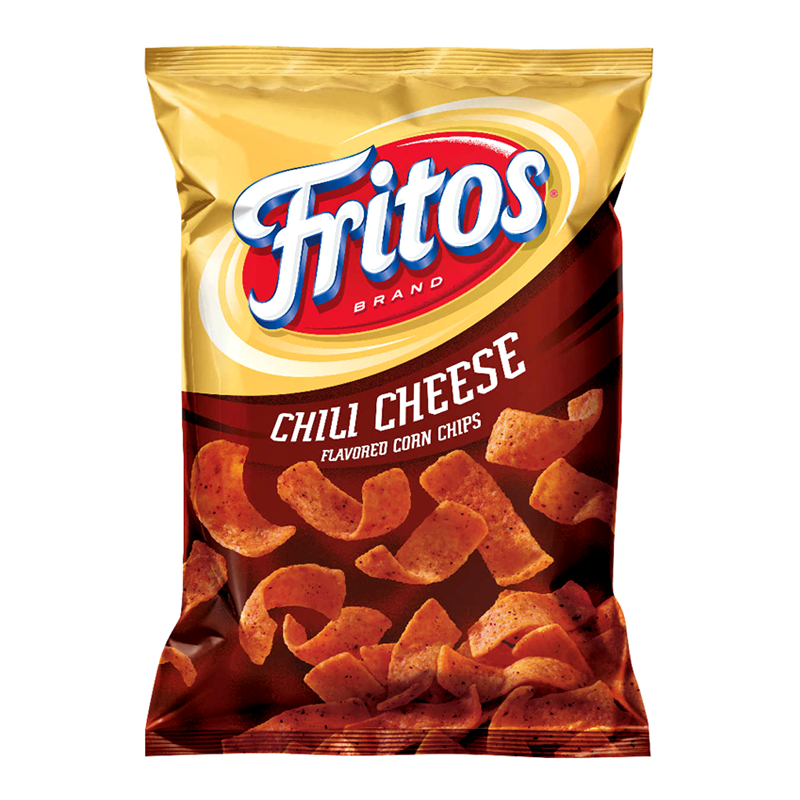 Front of Fritos Chili Cheese Corn Chips bag showing brand logo, chili cheese flavour text, and a visual of the corn chips (56.7g pack)