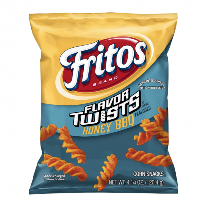 Front of a bag of Fritos Honey BBQ Twists showing the brand logo, flavour details, and a pack size of 127g.