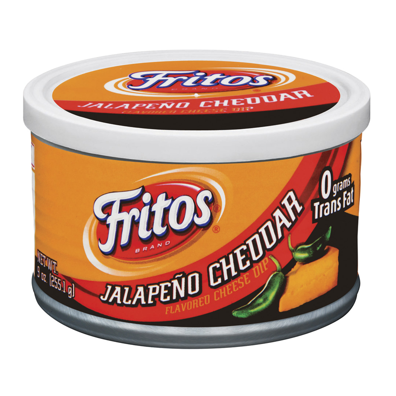 Front of Fritos Jalapeno Cheddar Cheese Dip container showing the Fritos logo, jalapeno flavour label, and a cheese graphic (255g)