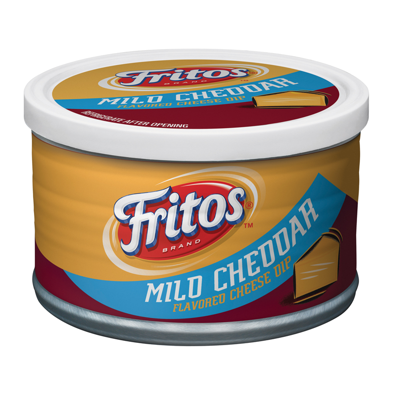 Front of Fritos Mild Cheddar Cheese Dip container showing the logo, mild cheddar flavour label, and product design (255g pack)
