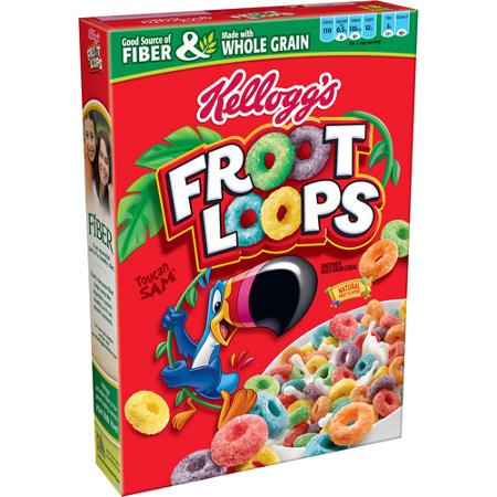 Front of Kellogg's Froot Loops Cereal box showing colourful loop-shaped cereal pieces, a vibrant label, and Toucan Sam mascot (252.3g pack)