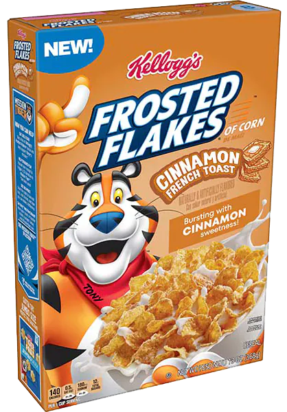 Front of Kellogg’s Frosted Flakes Cinnamon French Toast box showing the iconic logo, cinnamon flavor details, and a bowl of frosted corn flakes (329g pack)