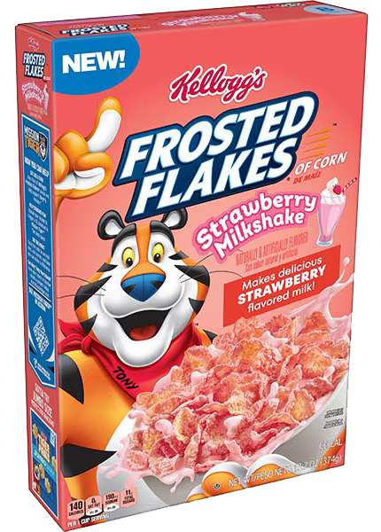 Front of Kellogg's Frosted Flakes Strawberry Milkshake box showing logo, strawberry milkshake flavour label, and image of frosted corn flakes (329g pack)