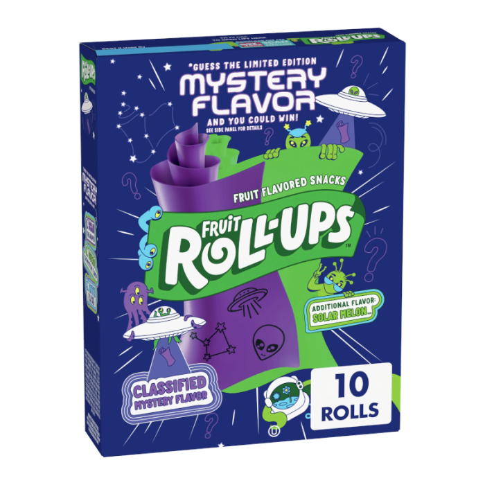 Front of a pack of Fruit Roll-ups Classified Mystery Flavour showing the logo, fruit-flavoured snacks, and details of the 10 rolls (141g pack)