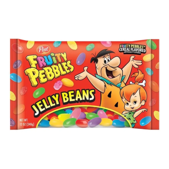 Front of Fruity Pebbles Jelly Beans bag displaying bright logo, colourful jelly beans, and characters from the Fruity Pebbles brand (340g pack)