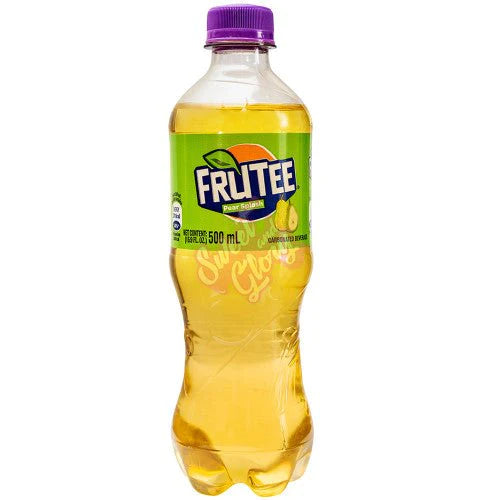 Front of Fanta Frutee Pear Splash bottle with logo, pear flavour label, and 500ml pack size.