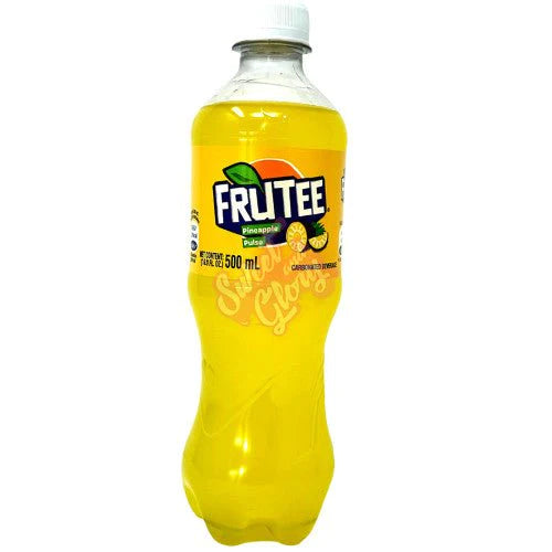 Front of Fanta Frutee Pineapple Pulse bottle showing vibrant yellow label with pineapple graphics and 500ml size