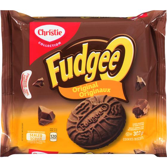 Front of Fudgee O's package showcasing the brand logo, chocolate cookie design, and fudge filling label (303g pack)