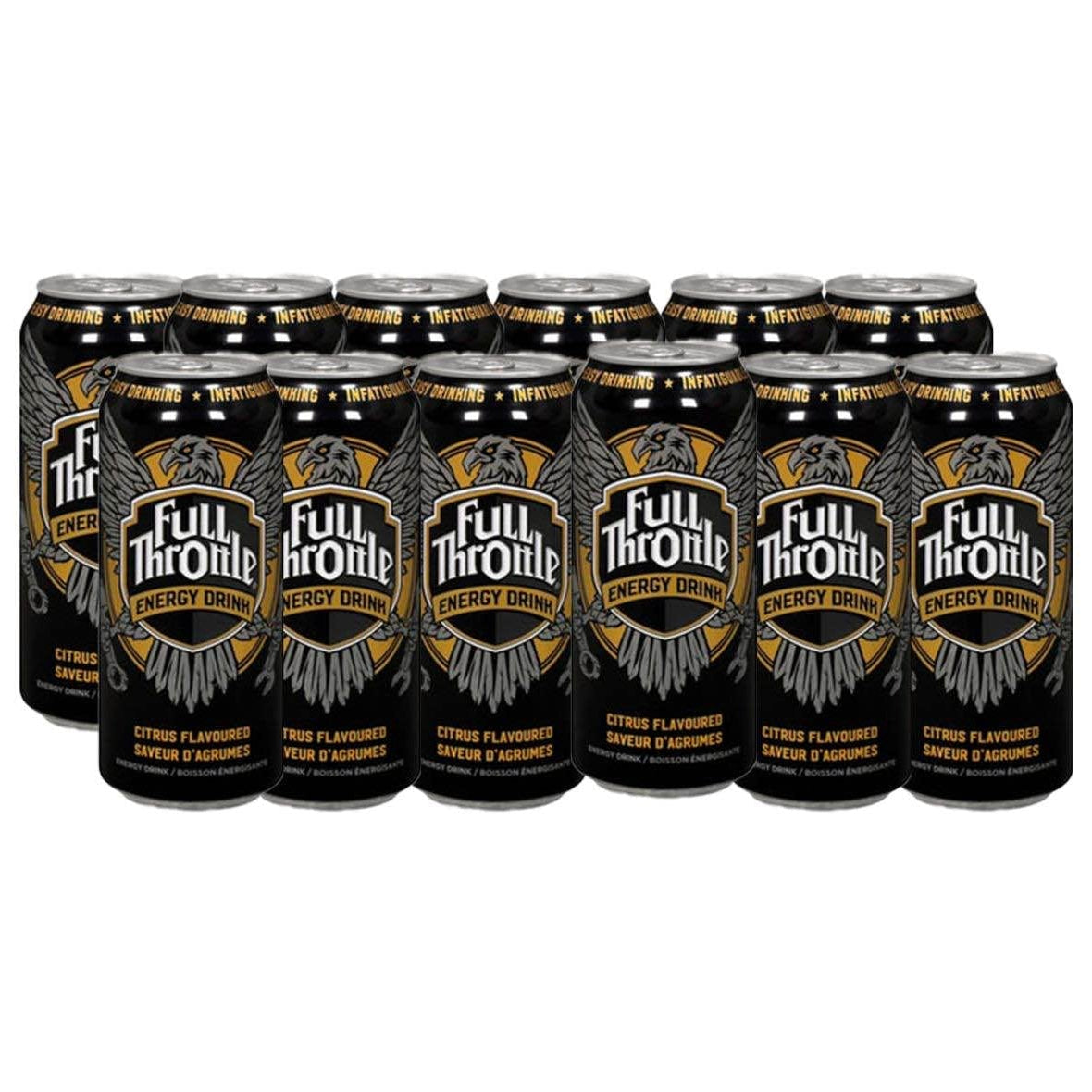 Front of Full Throttle Citrus energy drink cans showing logo, vibrant citrus flavour label, and packaging of 12 cans (473ml each)