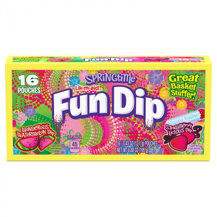 Front of Lik-M-Aid Fun Dip box showing vibrant design, Watermelon and Strawberry flavours, and 195g pack size with 16 pouches.