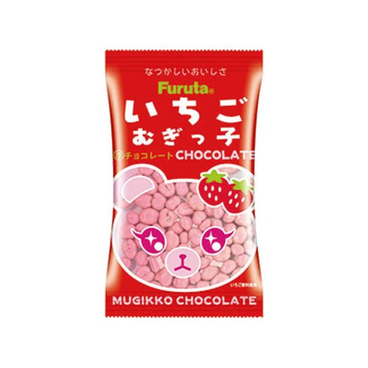 Front of a red bag of Furuta Mugikko Strawberry Chocolate Drops showing logo, bear design, and strawberry-themed graphics (11g pack)